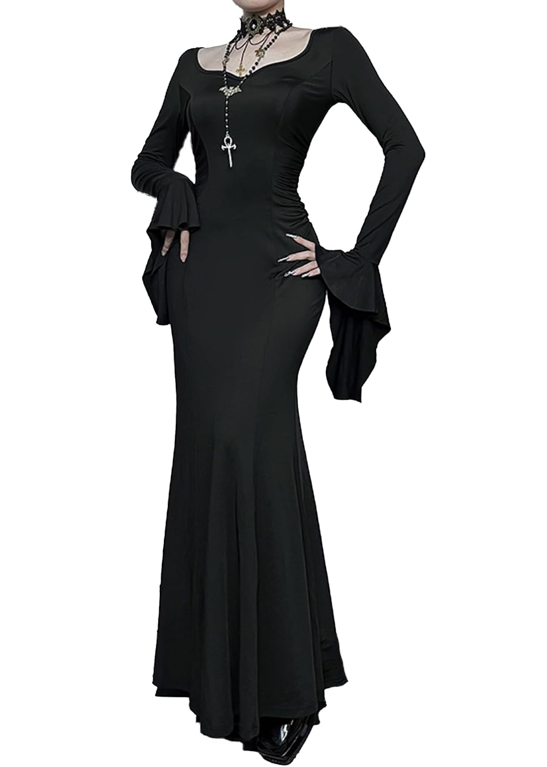 TSMNZMU Gothic Maxi Dresses for Women Dark Style Slim Long Dresses Long Flare Sleeve V-Neck Vintage Evening Dress - Review, Price and Buying Guide