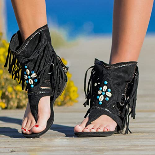 Boho Sandals for Women Roman Bead Gladiator Fringe Sandals Flat Clip Toe Ankle Boots Summer Suede Tassel Flip Flop Slippers3