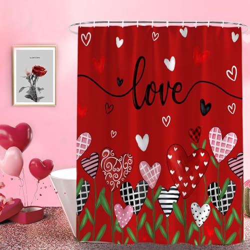 Valentines Day Red Shower Curtains for Bathroom Heart Floral Fabric Shower Curtain with Hooks, Love Flower Field Shower Curtain Set, Bathroom Curtains Decoration, Waterproof Polyester, 72"x96" Long