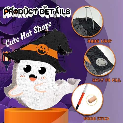Muwoob WEIXIN003300 Halloween Ghost Pinata, Halloween Piñata With 100 Pcs Halloween Tattoos, Stick Blindfold And Confetti, Cute Halloween Birthday Pinata Party Games Decorations thumb #1