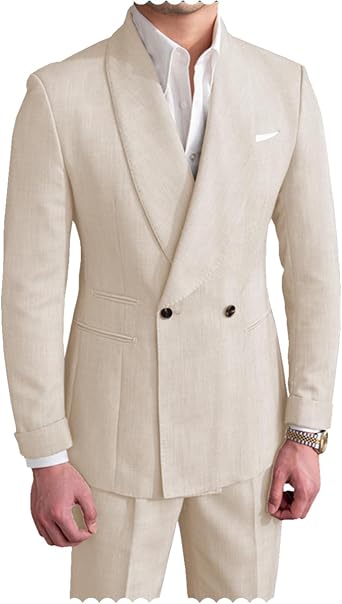 Mens Linen Suit Modern Fit Lightweight Summer Shawl Lapel 2 Pieces Slim Fit Suit