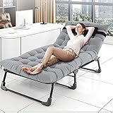Portable Folding Camping Cot Bed, Adjustable 4-Position Adults Reclining Folding Chaise with Pillow, Outdoor Portable Folding Lounge Chair Sleeping Cots, Perfect for Camping, Pool, Beach, Patio