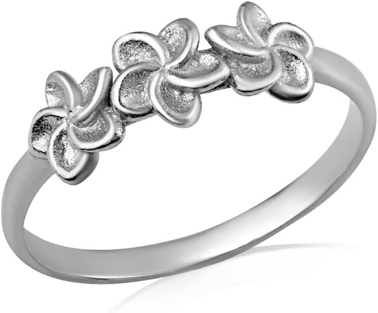 14K Yellow, White, and Rose Gold Dainty 2mm Trio Hawaiian Flower Plumeria Band Statement Ring for Women Girls, Available in Sizes 4-12