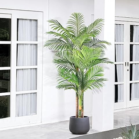 Keeplush 6ft Tall Triple Golden Cane Palm Artificial Tree Large Tropical Palm Tree UV Resistant Fake Plant in Pot for Indoor Outdoor Big House Living Room Outside Patio Office Home Decor 1Pack Cover