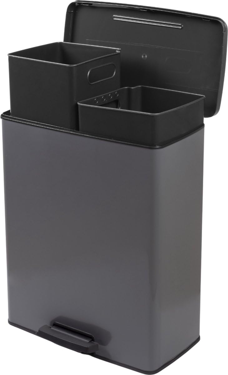 Curver Decobin Duo Tretmülleimer, 52L Gesamtvolumen, Grau – mit Mülltrennung und 2 herausnehmbaren 26L Eimern
