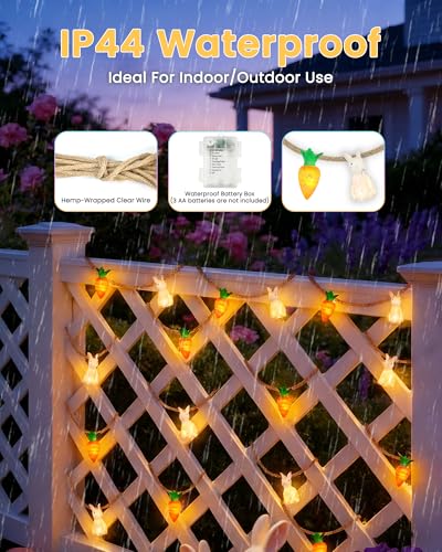 Image of YIQU Easter Decoration String Lights, 10FT 12LED Bunny Carrot Mantel Garland Battery Operated with Remote Timer 8 Modes, Hemp Rope Banner for Fireplace Table Wall Spring Party Indoor Outdoor Decor