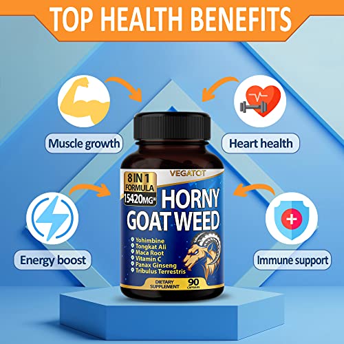 8 In 1 High Strength Horny Goat Weed 15420 Mg Concentrated Extract With Yohimbine Tongkat Ali Maca Root Fenugreek Boost Energy Stamina 3-Month Supply (90 Count (Pack Of 1)) #TOP3