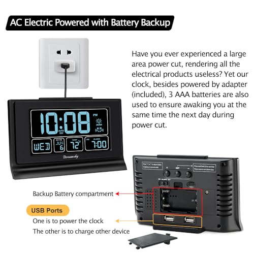 Image of DreamSky Alarm Clocks for Bedrooms with Battery Backup, Auto Set Digital Clock with Date and Day of Week, Temperature, USB Port, Auto DST, Dimmer, 12 /24H