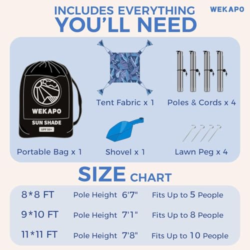 Image of WEKAPO Beach Tent Sun Shelter - Easy Setup Beach Canopy with 4 Sturdy Poles