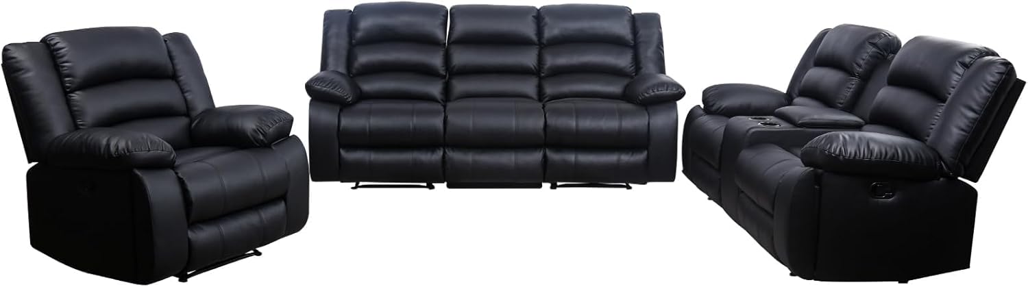 EBELLO Manual Faux Leather Recliner Sofa Set, Recliner Chair, Loveseat Reclining Sofa and 3 Seat Sofa, Couch Set for Living Room, Bedroom, Meeting Room, Black