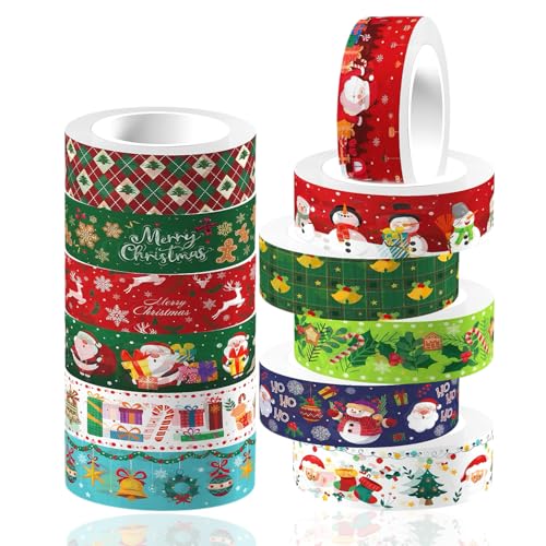 12 Rolls Christmas Decorative Washi Tape Set Holiday Arts Craft Tape with Cute Cartoon Design Self-Adhesive Masking Tapes for DIY Scrapbook Planners Decorations Gift Wrapping (Colorful)
