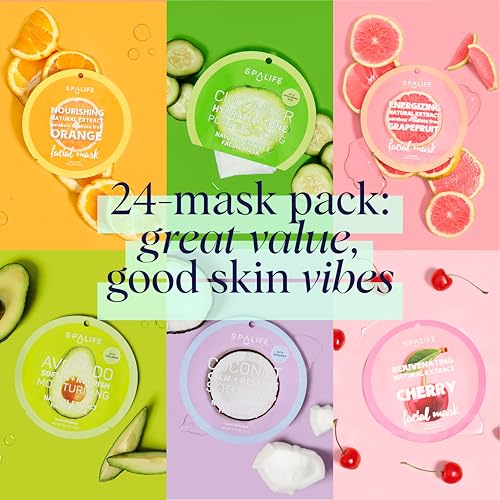 SpaLife Beauty Fruit Facial Sheet Masks 24 Pack – Face Masks Skincare Set – Hydrating Face Masks – 6 Natural Fruit Extract Formulas – Orange, Grapefruit, Coconut, Cherry, Avodcado, Cucumber - Image 4