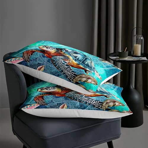 Image of AILONEN Beautiful Sea Turtle Comforter Set Full Size, Ocean Theme Bedding Set for Kids Girls,Aquamarine Blue Duvet Set for All Season,(1 Comforter 2 Pillowcases 3 Piece)