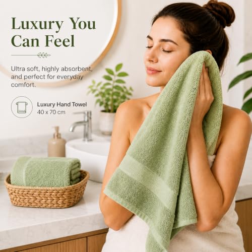 Image of Sulfar 100% Combed Cotton, Quick Drying Highly Absorbent, Luxury Hand Towel Set (Pack of 4, 40 X 70 cm) Nature Green