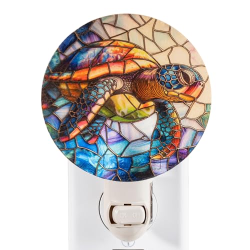 Image of Sea Turtle Stained Glass Styled Night Light - Real Glass Plug-in Wall Light with Warm Glow for Bathroom, Bedroom, or Hallway, Coastal Ocean Beach Home Decor