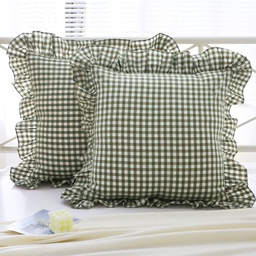 Mywinlle Sage Green Gingham Plaid Ruffle Throw Pillow Covers 24"x24"