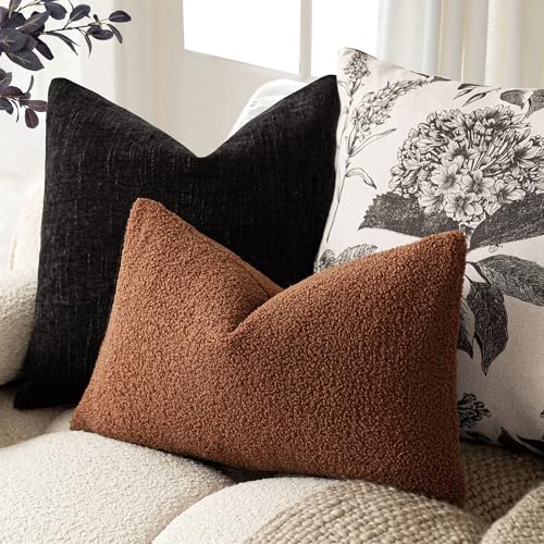 Image of Foindtower Pack of 2, Curly Faux Fur Decorative Throw Pillow Covers Soft Fuzzy Plush Cushion Case with Zipper Cozy Pillowcase for Home Living Room Couch Bed Sofa 12 x 20 Inch,Hazel Brown