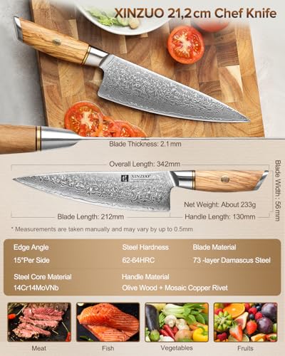 XINZUO 21.2cm Couteau de Chef 73 Couches Acier en Poudre de Damas, Couteau de Cuisine Professionnel Couteau à Gyuto, Lames Bien Tranchantes Forgé à la Main-Poignée en Bois d'Olivier-Série Lan – vue 6
