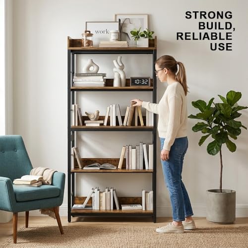 Image of 5-Tier Kitchen Organizer Rack Shelf | Heavy Duty Metal & Wooden| Industrial Bookcase | Kitchen Storage Office & Living Room | Rustic Brown & Black | 80x30x166 cm