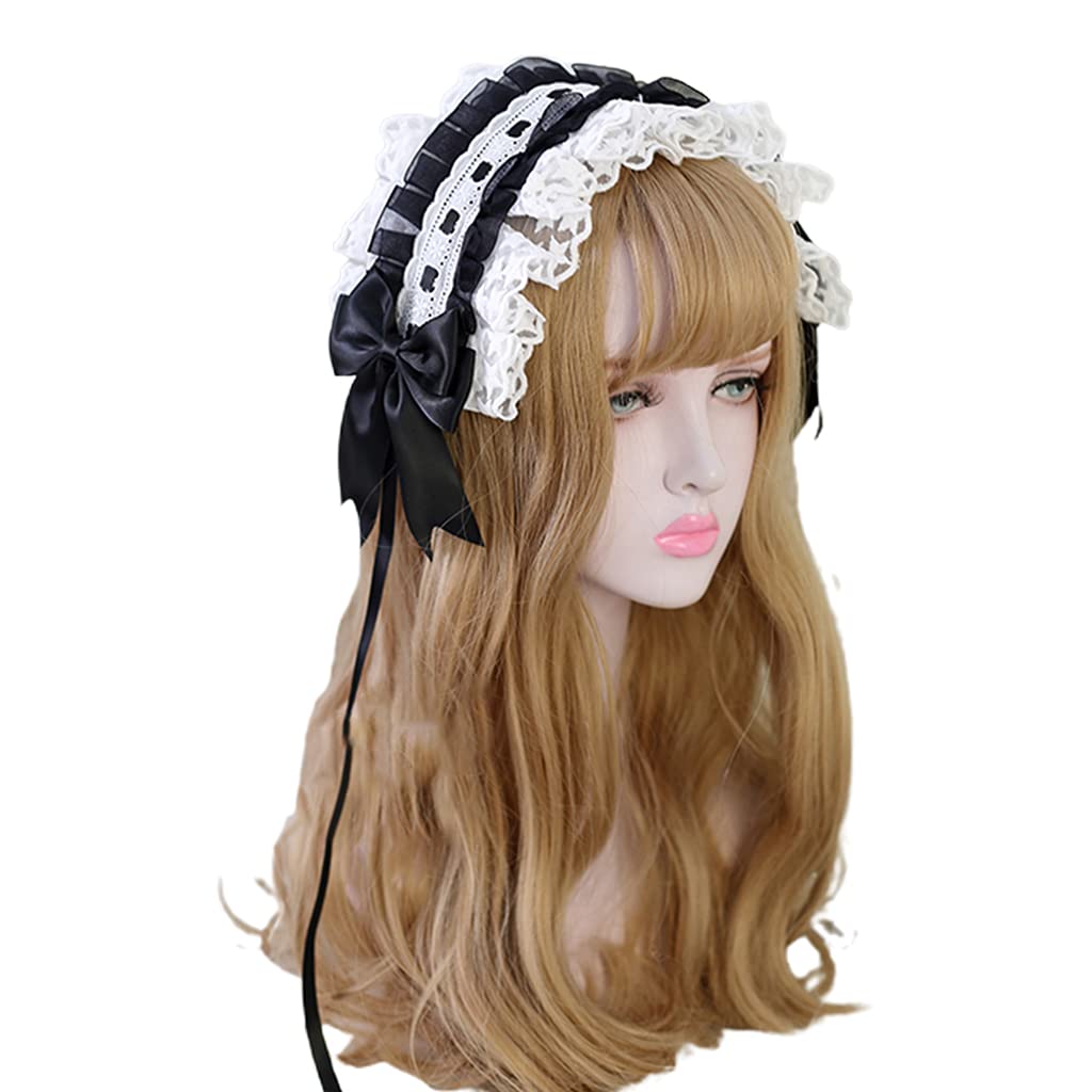 Fentency Ruffled Headband Sweet Star Embroidery Lace Ribbon Bow Hairband with Hairpins Anime Maid Cosplay Headdress