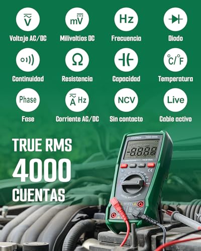 TMM-569A Multímetro Digital, Ohmímetro TRMS 4000 Cuentas, Probador de Voltaje con NCV, Voltaje y Corriente, Resistencia, Continuidad, Diodo, Capacitancia, Fase, Temperatura, Cable Vivo - Verde - Imagen 4
