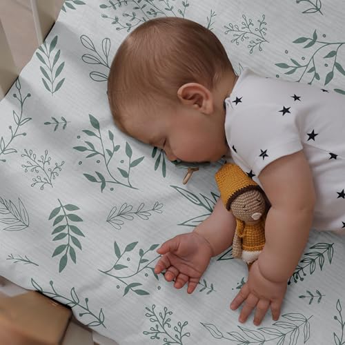 Image of Muslin Bassinet Fitted Sheets 2 Pack, Soft Breathable Cotton Baby Bassinet Mattress Sheet Set, 360 Elastic Snug Fit, Universal for Oval, Rectangle (Bright Leaves, Pack N Play Sheets 2 Pack)