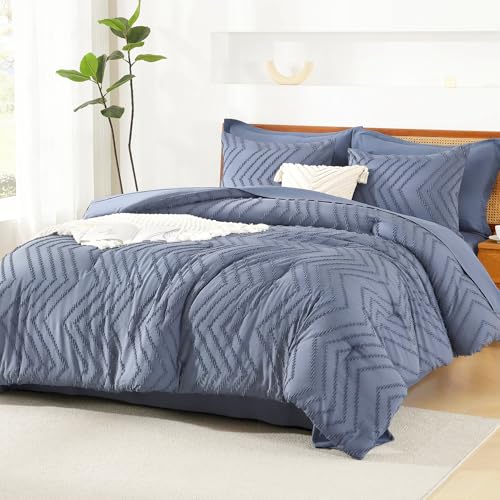 Image of Litanika Queen Size Comforter Set with Sheets Bluish Grey - 7 Pieces Bed in a Bag Queen Chevron Tufted Complete Bedding Sets with Comforter, Sheets, Pillowcases & Shams