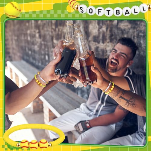 Huquary 24 Pcs Baseball Soccer Softball Football Volleyball Tennis Basketball Team Gifts Beaded Bracelets Sports Party Favor(Yellow, Red,Softball) — view 3