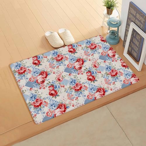 Retro Spring Flower Antifatigue Kitchen Bath Door Mat Cushioned Runner Rug,Washable Welcome Floor Sink Mat,Waterproof & Non-Slip Kitchen Standing Doormat,4th of July Rustic Red Blue Botanical 20