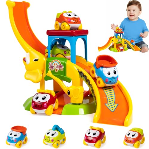 Image of Marstone Toddler Toys for 1 2 Year Old Boys and Girls Gifts: Educational Elephant Slide with 4 Animal Car Toys for Baby 12-18 Months, First Birthday Gifts for Kids, Learning Push Truck Tracks Age 1-2