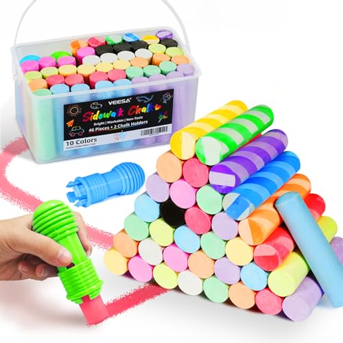 VEESA Sidewalk Chalk for Kids Bucket Pack (46 Count + 2 Chalk Holders)