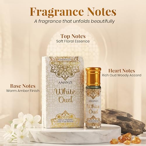Image of AMANZI White Oud Attar Roll-On for Men & Women | Alcohol-Free, Long-Lasting Fragrance Oil | Floral, Woody & Amber Perfume | 6ml | Pack of 2