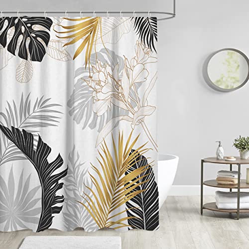 Aatter Black And Gold Leaves Shower Curtain Abstract Modern Tropical Palm Plant Leaf Aesthetic Boho Fabric Home Bathroom Accessories (W60''Xh72'') 12 Hooks Included #TOP1