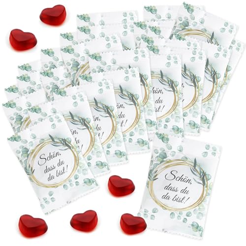 FOOD crew Fruchtgummi Herzen „Schön, dass du da bist“ 25 x 10 g - Herz Gummibärchen - Als Gastgeschenke Hochzeit Süßigkeiten - Schön dass du da bist Gastgeschenk - Hochzeits Give Aways