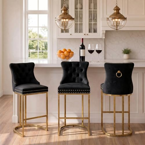 Image of UVV Counter Height Bar Stools Set of 6, 26 inch Modern Barstools with Back, Velvet Upholstery Counter Chairs with Metal Legs for Kitchen Island, Bar, Counter, Black