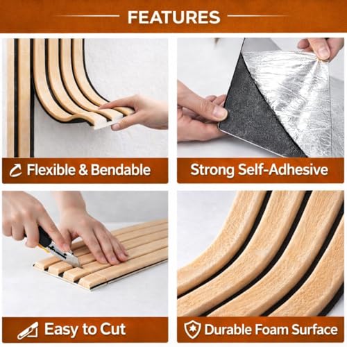 Image of Self Adhesive 3D Wooden Fluted Foam Wall Panel Roll 68 x 280 cm, Waterproof Peel Stick Wall Cladding for Living Room, Bedroom, TV Background Office Cover.