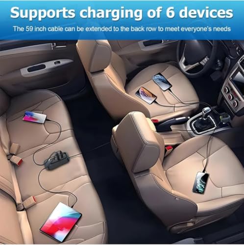 Image of Jaxter 6-Port 48W Car Charger Adapter (2 Type-C + 4 USB) with 1.5M Cable & Rainbow LED - Fast Charging for All Smartphones, Tablets & Devices