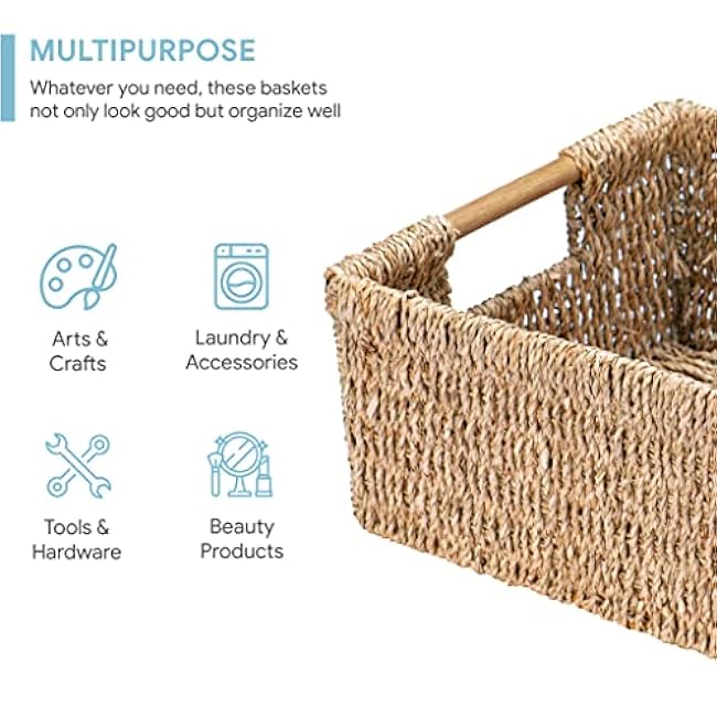Large Natural Wicker Basket Rectangular with Wooden Handles, Seagrass Storage for Organizing, Shelves 15.5 x 10.6 x 5.5 inches