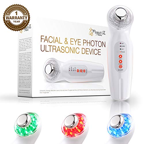 Project E Beauty Facial & Eye Photon Ultrasonic Device | 3 Colors LED Red Blue Green Ultrasound Micro Vibration Facial Rejuvenation Skin Tightening Wrinkle Acne Spot Freckles Removal Toning Skin Care