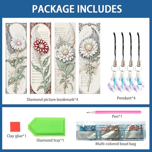 Image of 4-Pack 5D Flower Diamond Painting Bookmarks Kit, DIY Diamond Art Bookmarks with Colorful Diamond Gems and Tassels, Floral Bookmark Making Set for Adults, Gift for Book Lovers