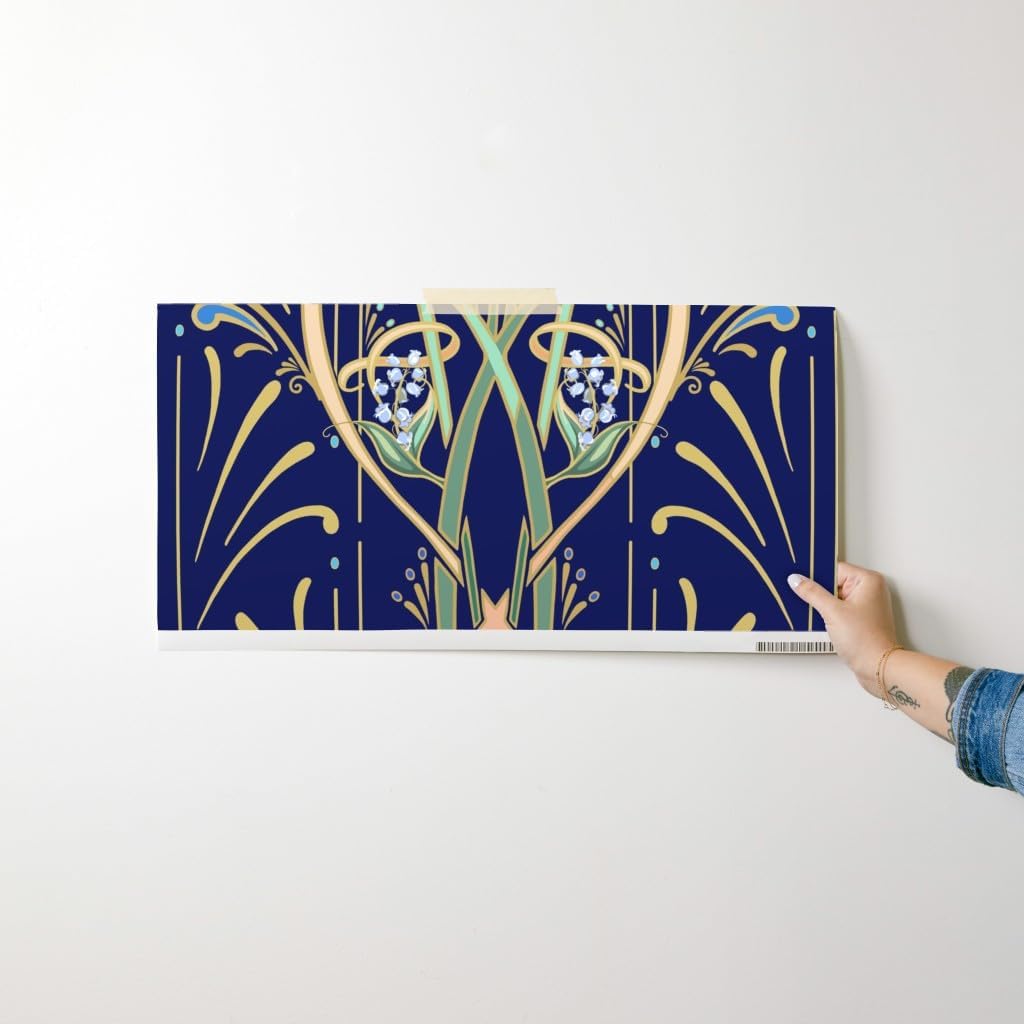 Peel & Stick Wallpaper Swatch - Art Nouveau Dragonflies Navy Gold Classy Deco Contemporary Bold Aqua Lotus Water Custom Removable Wallpaper by Spoonflower