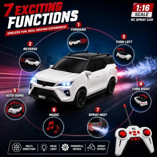 Image of Galaxy Hi-Tech Fortuner Legender Remote Control SUV Toy Car for Kids Rechargeable RC Smoke Car with LED Lights Music USB Charging 2.4GHz Controller, Durable Off-Road Vehicle Gift for Boys & Girls
