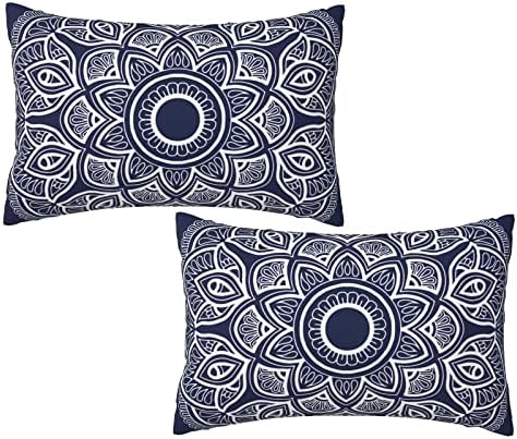 Pack of 2 Rectangular Soft Polyester Cotton Throw Pillow Cover Decorative Mandala Print Lumbar Accent Cushion Cover for Couch Sofa Home Bed Both Sides Print 12 x 20 Inches Navy Blue