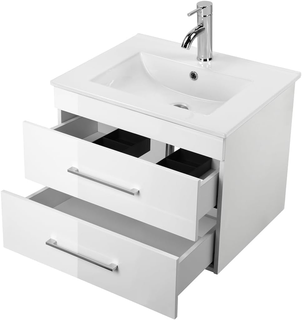 24'' Wall Mounted Bathroom Vanity and Sink Combo, Modern Bathroom Cabinet Set with White Ceramic Sink Top, Two Storage Drawers with Handle, Floating Vanities Set for Small Space (White, 24 Inch)
