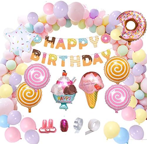 Donut Birthday Party Decorations Balloons Kids Girls Candy Donut Themed Birthday Party with Donut Happy Birthday Banner, Candy Ice Cream Donut Foil Balloons Latex Balloons Tools for Kids Girls