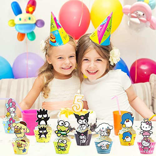 Grusemi 48 Pcs Hello Cartoons Anime Cake Decorations Cupcake Toppers Cupcake Wrappers Set With 24 Pcs Cupcake Toppers, 24 Pcs Cupcake Wrappers For Theme Birthday Party Supplies Favor #TOP4
