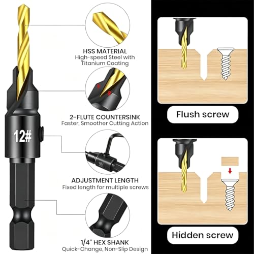Image of Serplex 14Pcs Countersink Drill Bit Set, 5 Wood Drill Bits and 8 Plug Cutters with L-Wrench, Titanium-coated 1 /4 Inch Hex Shank Quick-Change Wood Plug Cutter Set for Woodworking-Silver