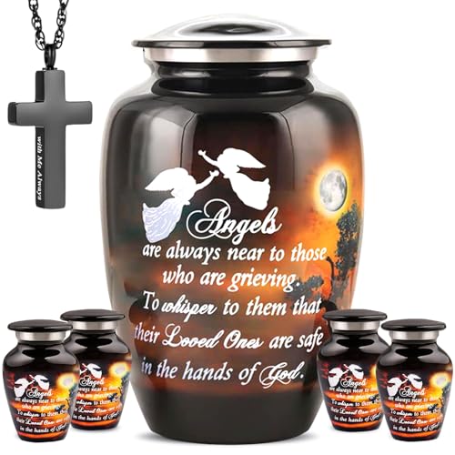 Image of Set of 6 Funeral & Cremation Urn for Ashes for Women & Men with 1 Large Urn for Ashes Adult Male & Female, 4 Small Urns & 1 Cross Necklace for Ash of Loved One - Moonlight with Angel Quote