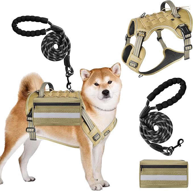 A1DIEE Large Dog Harness - Adjustable Dog Vest with Handle and Leash Set with Side Bag, No Pull Escape Proof Military Service Pet Harness for Working Training Outdoor Hiking (Khaki, XL)