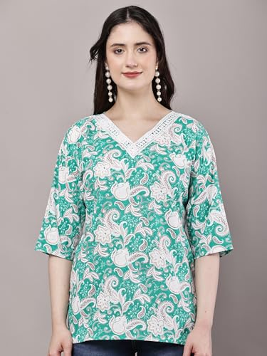 Image of Women's Red Printed Short Kurti with Lace Trim, 3 /4 Sleeves, Round Neck, Ethnic Style